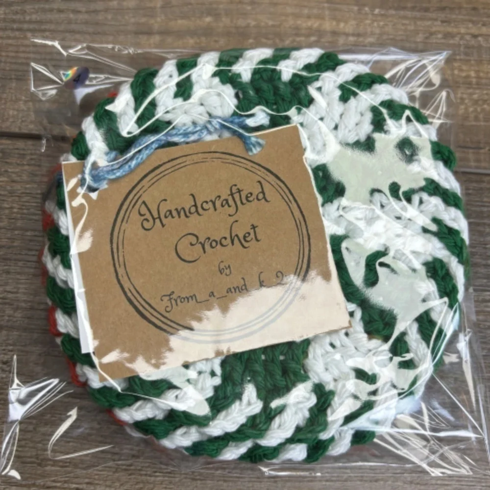 Handcrafted Crochet Peppermint Coasters Christmas‎ Holiday Set of 4 Cotton